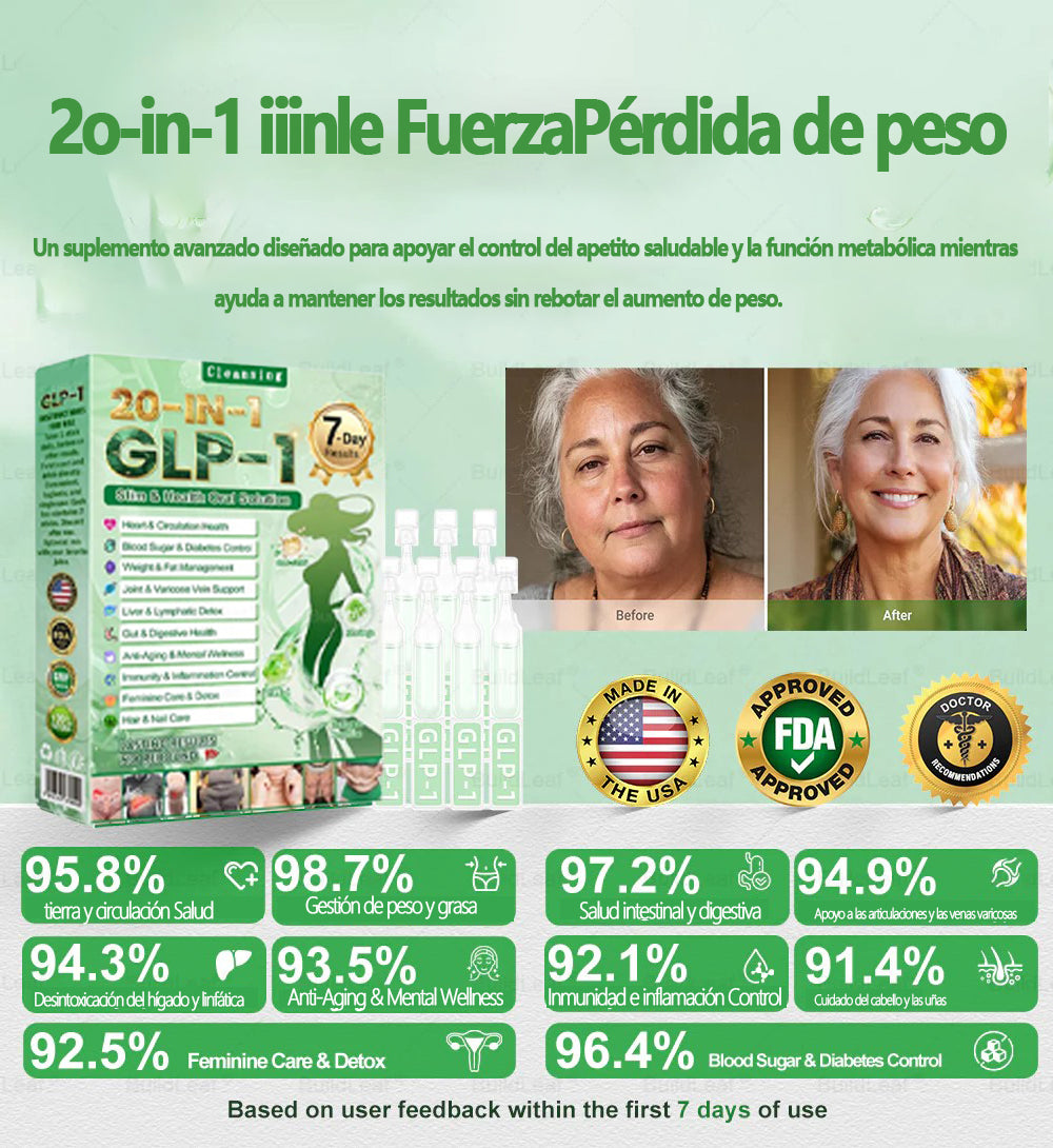 Cleansing® GLP-1 20 en 1 Suplemento Adelgazante (Resultados Visibles en 7 Días) ayuda a mejorar la obesidad, la salud cardiovascular, la diabetes, la salud intestinal, los problemas articulares, una piel más firme y un aumento de energía.