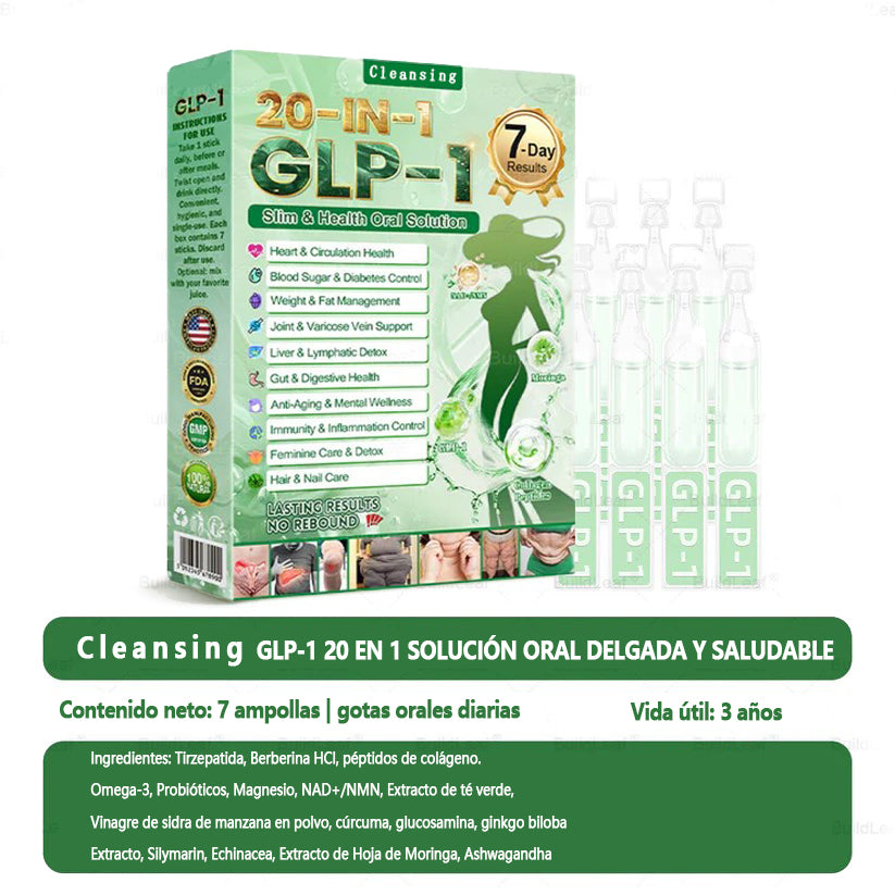 Cleansing® GLP-1 20 en 1 Suplemento Adelgazante (Resultados Visibles en 7 Días) ayuda a mejorar la obesidad, la salud cardiovascular, la diabetes, la salud intestinal, los problemas articulares, una piel más firme y un aumento de energía.